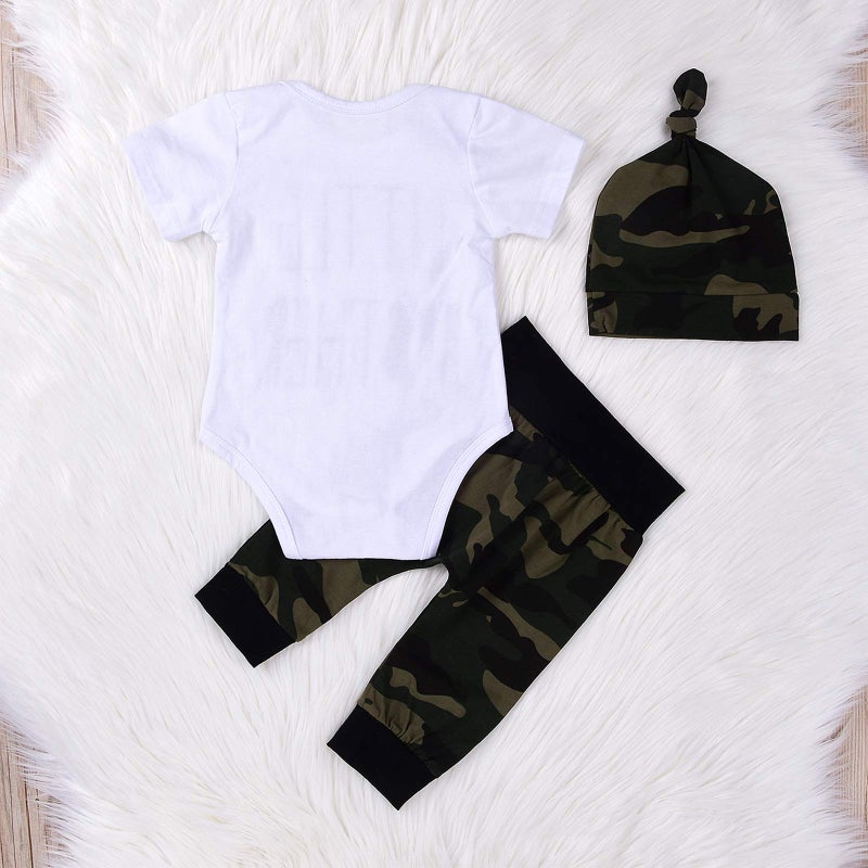 MEKILYN 3Pcs Baby Boys Little Brother Camouflage Romper Tops+Pants Leggings+ Hat Outfits Set (White&camouflage, 0-6m(Tag70)) - Image 2